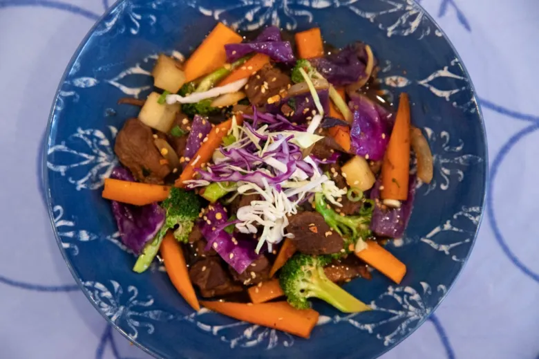 Pork adobo with fresh vegetables at Yami Grill, Mountain View